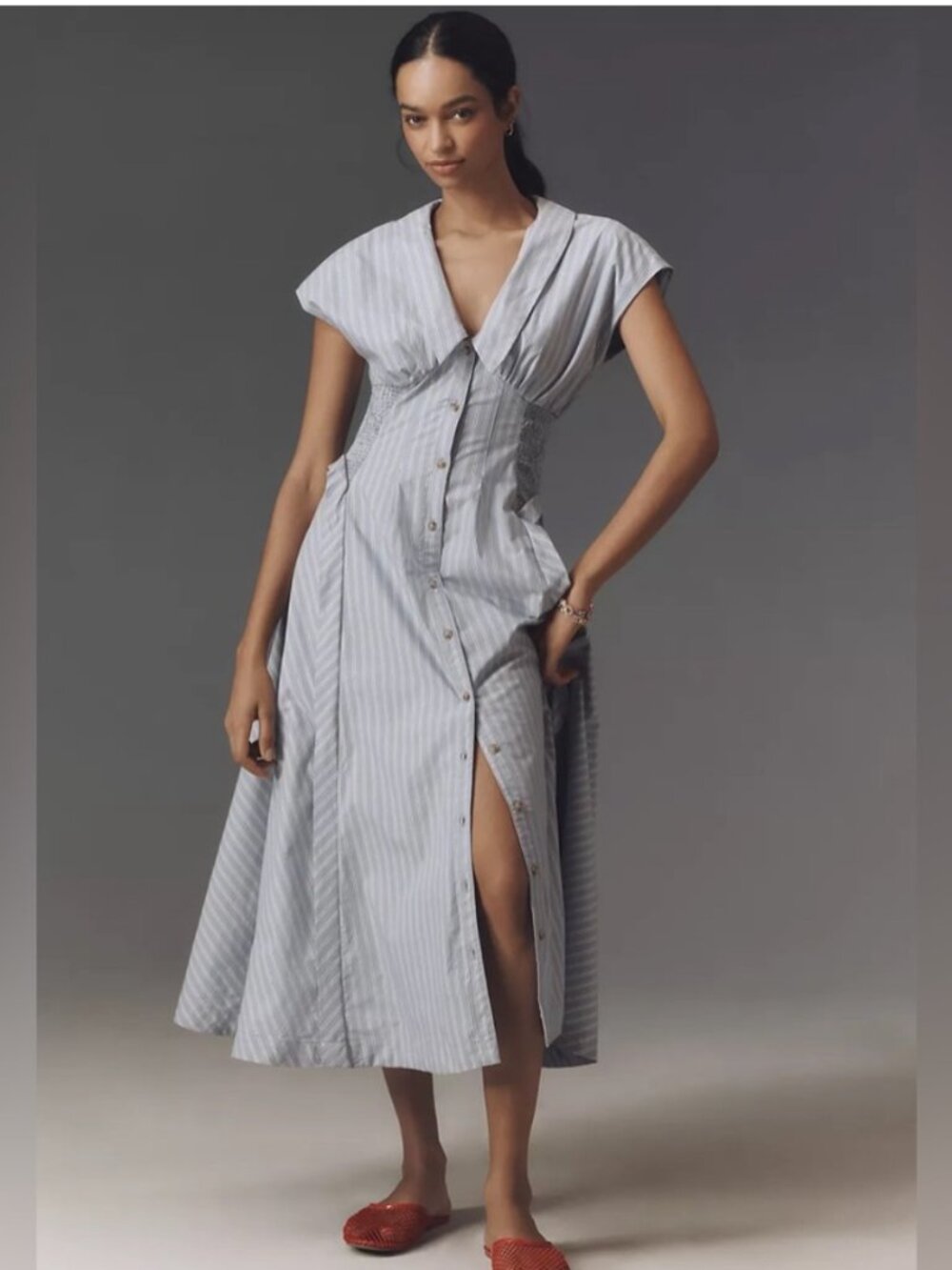 Anthropologie Short-Sleeve V-Neck Pleated Midi Dress in Blue Stripe Size S